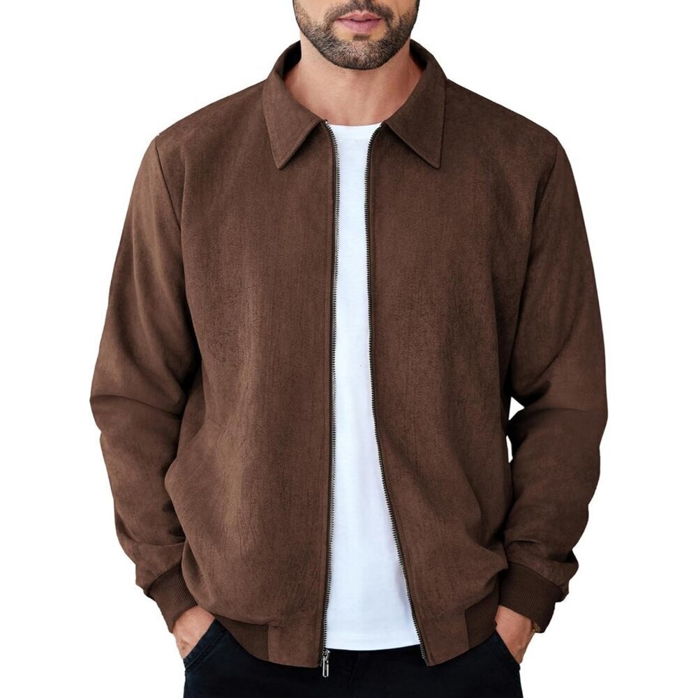 Men's Suede Casual Lightweight Bomber Jacket Brown Zip Up Faux Vintage Leather